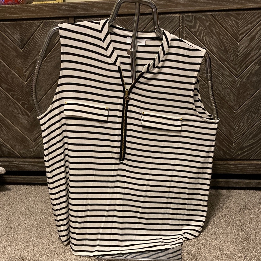 Calvin Klein Black and White Striped sleeveless Blouse